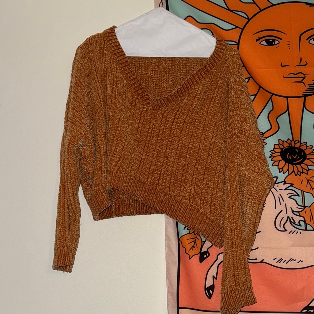Cozy Cropped Velvet Gold Brown V-Neck Sweater